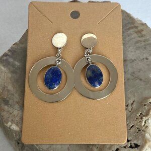 VTG Sterling Silver 925 Blue Lapis Stone Round Dangle Drop Earrings